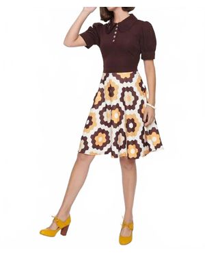 Unique Vintage Honey Comb Pattern Flare Dress - Brown