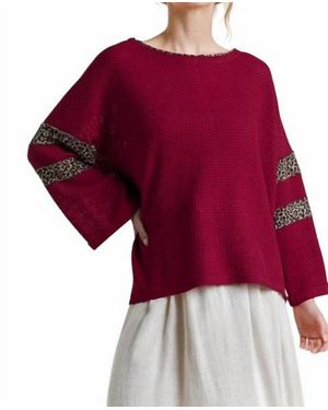 Umgee Leopard Trim Waffle Knit Top - Red