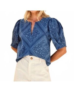 Fifteen Twenty Poof Puff Sleeves V-Neck Blouse - Blue