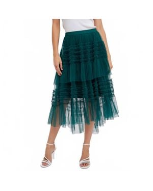 Bluivy Hi-Lo Frilled Tulle Midi Skirt - Green