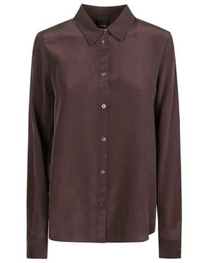 Pinko Silk Long Sleeve Shirt With Classic Collar And Pleated Back - Brown