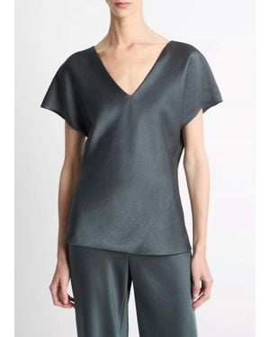 Vince Satin V-Neck Blouse - Gray