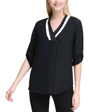 Calvin Klein Contrast Neck Roll Tab Sleeve Top - Black