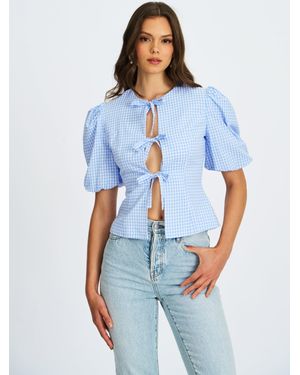 Miss Circle Qusayla Baby Gingham Bubble Sleeve Bowtie Top - Blue