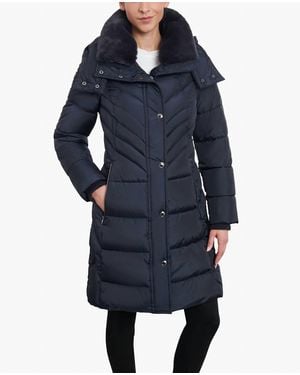 London Fog Plus Size Hooded Puffer Jacket With Button-Off Fur Collar - Blue