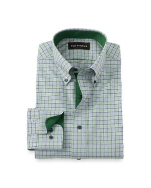 Paul Fredrick Tailored Fit Comfort Stretch Non-Iron Plaid Dress Shirt With Contrast Trim - Green