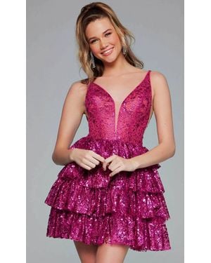 Jovani Plunging Embellished Cocktail Dress - Pink