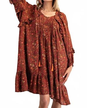 Easel Floral Printed Short Dress - Brown