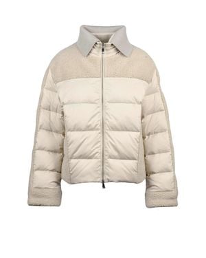 Add Cropped Down Jacket With Textured Fleece And Quilted Panels - Natural