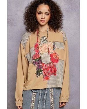 Pol Long Sleeve French Terry Printed Flower Patch Knit Top - Natural