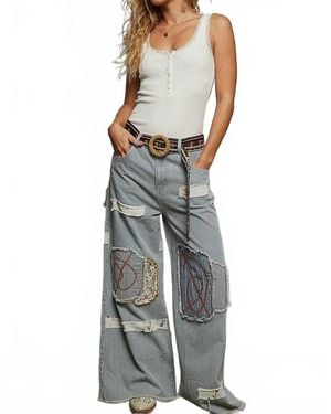 Pol Patchwork Crochet Cargo Jogger Pants - Blue
