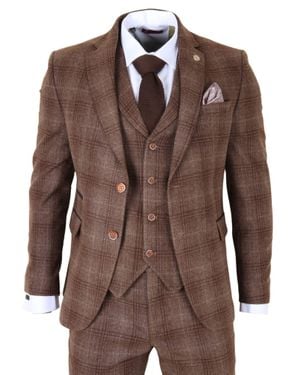 Infinity Leather Formal Tweed 3 Piece Check Vintage Gatsby Style Suit - Brown
