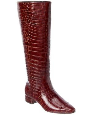 Veronica Beard Cecile Wide Calf Croc-Embossed Leather Knee-High Boot - Red