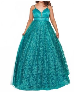 Rachel Allan Matte Satin Glitter Tulle Prom Gown - Blue