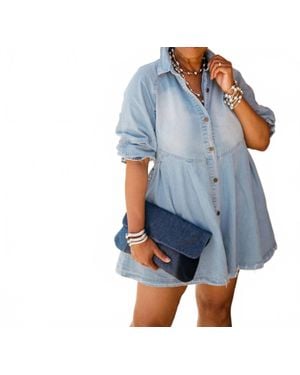Veveret Button Down Denim Shirt Dress - Blue