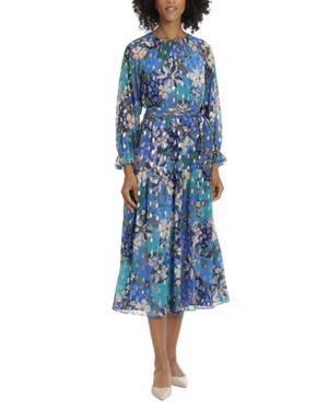 Maggy London Belted Keyhole Metallic Floral Dress - Blue