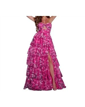Jovani Cut Out Floral Ruffle Ballgown - Pink