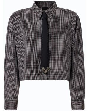 Pinko Cropped Checkered Shirt With Classic Collar And Decorative Tie - Black