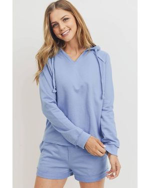 TRUEDAMES French Terry Hood With V-Neck Long Sleeve Top - Blue
