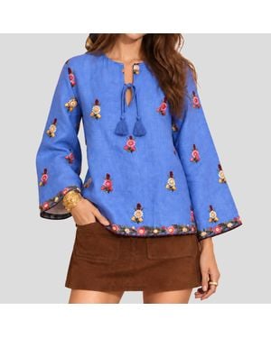 Calypso St. Barth Calypso St. Barth Seena Linen Hand Embroidered Top - Blue