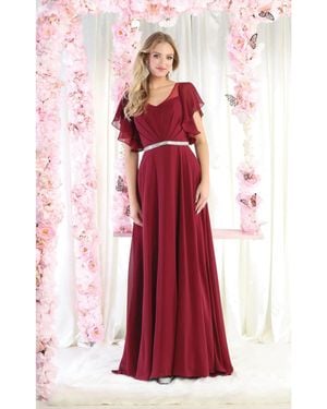 TRUEDAMES V-Neck Bell Sleeve Chiffon A-Line Formal Dress - Red