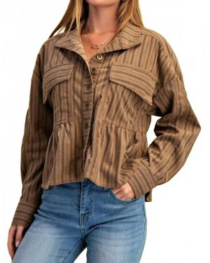 Gigio Printed Corduroy Babydoll Style Button Up Jacket - Brown