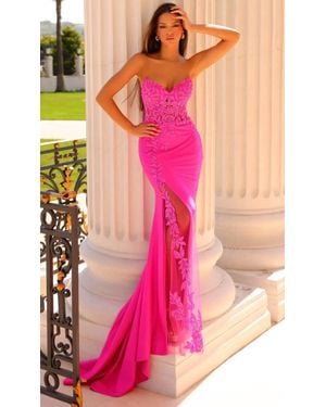 Clarisse V-Neck Rosette Lace Prom Gown - Pink