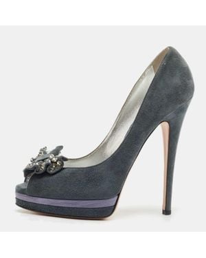 Casadei Suede Crystal Embellished Bow Peep Toe Pumps - Gray
