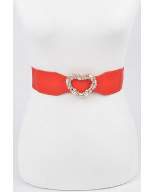 Fashnzfab Heart Rhinestone Buckle Elastic Belt - Red