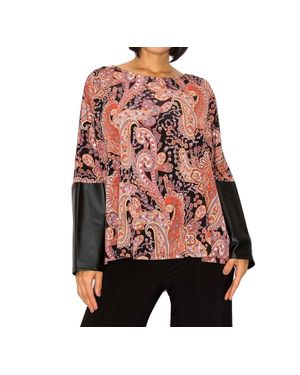 Last Tango Paisley Dolman Leather Sleeve Top With Back Zipper - Red