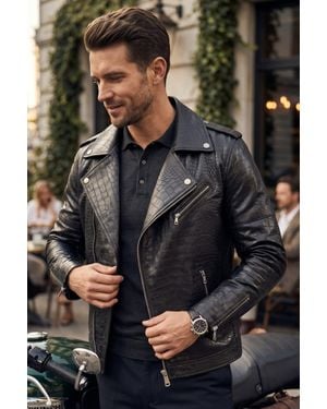 Infinity Leather Cow Leather Alligator Print Embossed Biker Jacket - Black