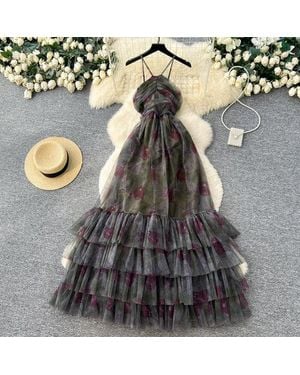 TRUEDAMES Vacation Halter Sleeveless Printed Dress - Gray