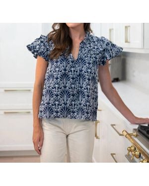 Sail To Sable Shell Eyelet Flutter Sleeve Top - Blue