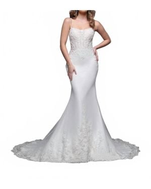 Da Vinci Bridal Beaded Lace Tulle Wedding Dress - White