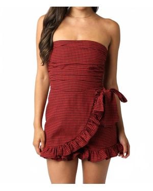 Olivaceous Sweet Gingham Girl Romper - Red