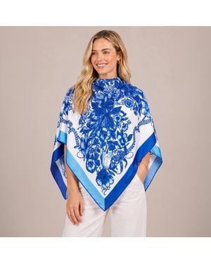 TRUEDAMES Cross Flower Print Scarf Poncho - Blue