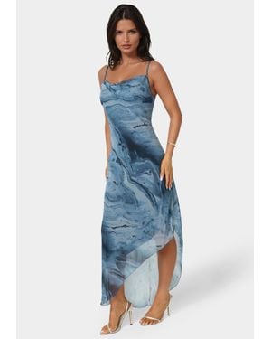 Bebe Printed Chiffon Cowl Assy Maxi Dress - Blue