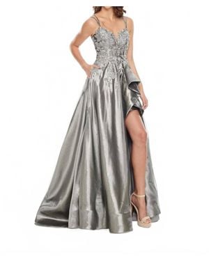 Rachel Allan Metallic Applique High Low Prom Gown - Gray