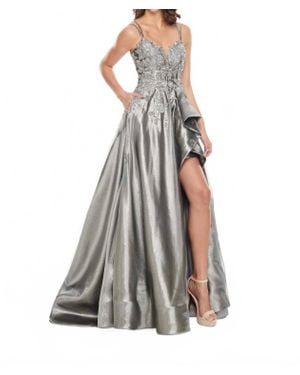 Rachel Allan Metallic Applique High Low Prom Gown - Gray