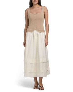 Moon River Square Neck Mixed Media Dress - Natural
