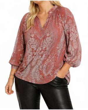 Umgee Damask Print Velvet Split Neck Top - Red