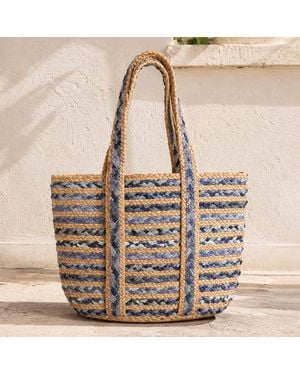 Fashnzfab Denim Woven Carryall Large Shoulder Tote Bag - Natural
