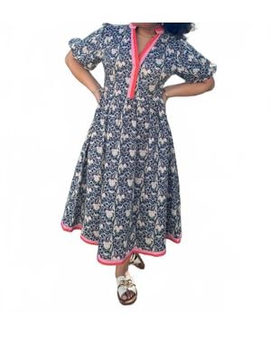 Voya Floral Print Midi Dress With Contrast Stripe - Blue