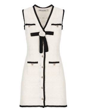 Self-Portrait Pointelle Knit Midi Dress With Button Detailing And Bow Pin - White
