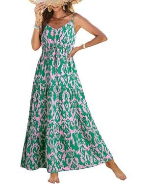 TRUEDAMES Summer Dress Casual Bohemian Sleeveless Print Long Layered Long Dress Beach Dress - Green
