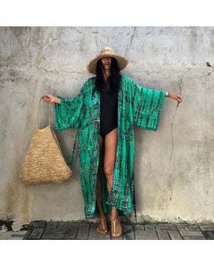 TRUEDAMES Tie-Front Printed Cardigan Beach Dress ¨C Bikini Cover-Up, Vacation Sun Protection Kimono Dress - Green