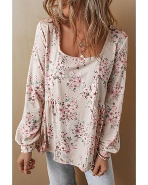TRUEDAMES Floral Print Pleated U Neck Loose Fit Blouse - Brown