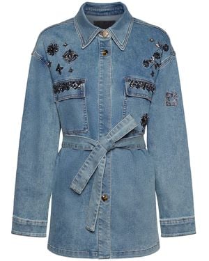 Elena Miro Denim Overshirt Beaded Embellished Belted Jacket - Blue