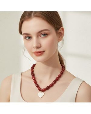 Fashnzfab Mother Of Pearl Heart Plate Pendant Chunky Beaded Statement Necklace - Brown