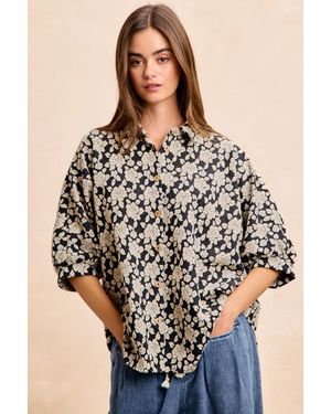TRUEDAMES Floral Jacquard Short Dolman Sleeves Shirt - Black